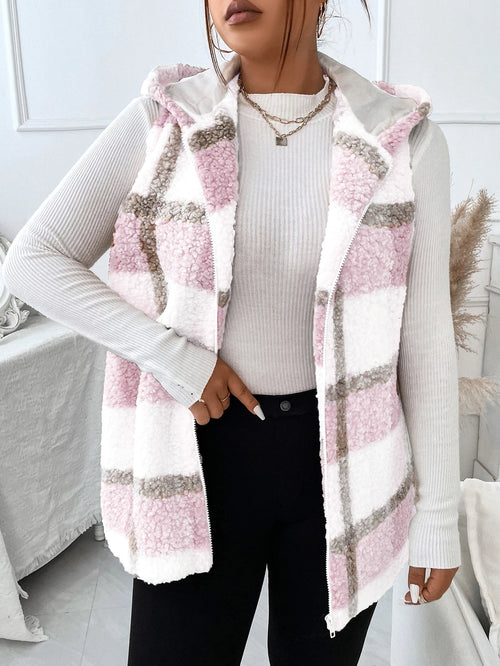 Plus Plaid Pattern Teddy Vest Coat, For Winter Fall Autumn