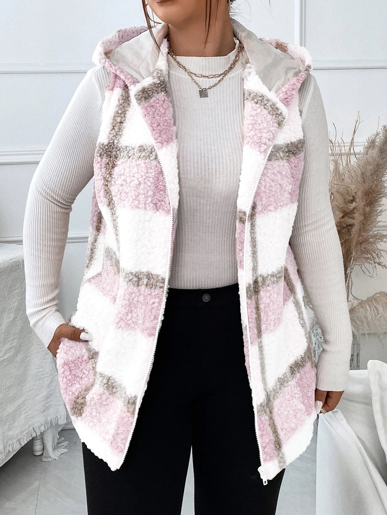 Plus Plaid Pattern Teddy Vest Coat, For Winter Fall Autumn