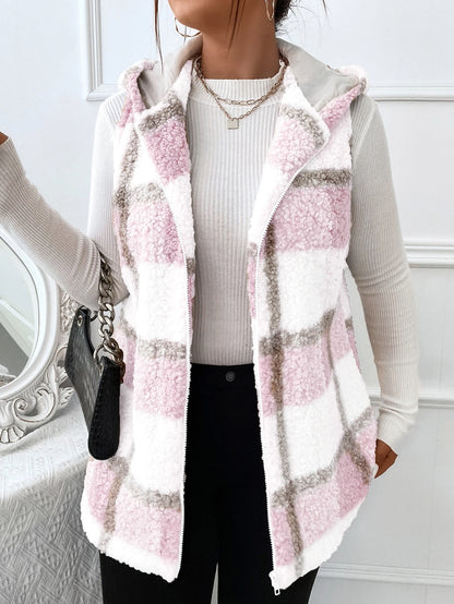 Plus Plaid Pattern Teddy Vest Coat, For Winter Fall Autumn