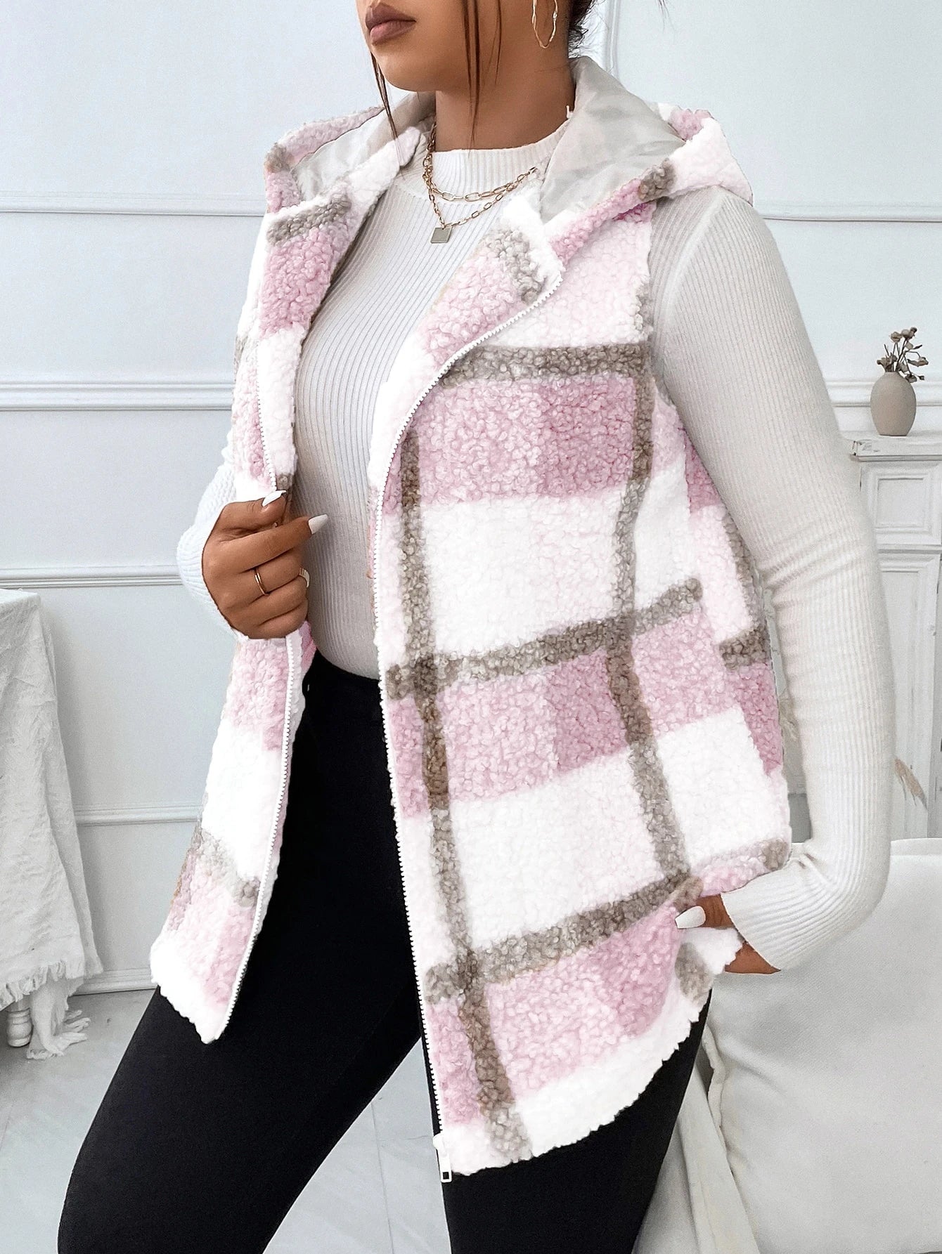 Plus Plaid Pattern Teddy Vest Coat, For Winter Fall Autumn