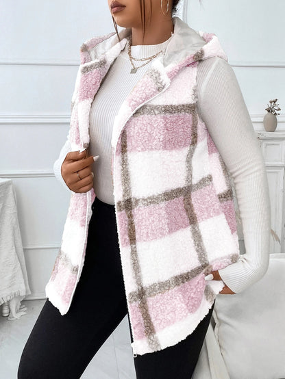 Plus Plaid Pattern Teddy Vest Coat, For Winter Fall Autumn