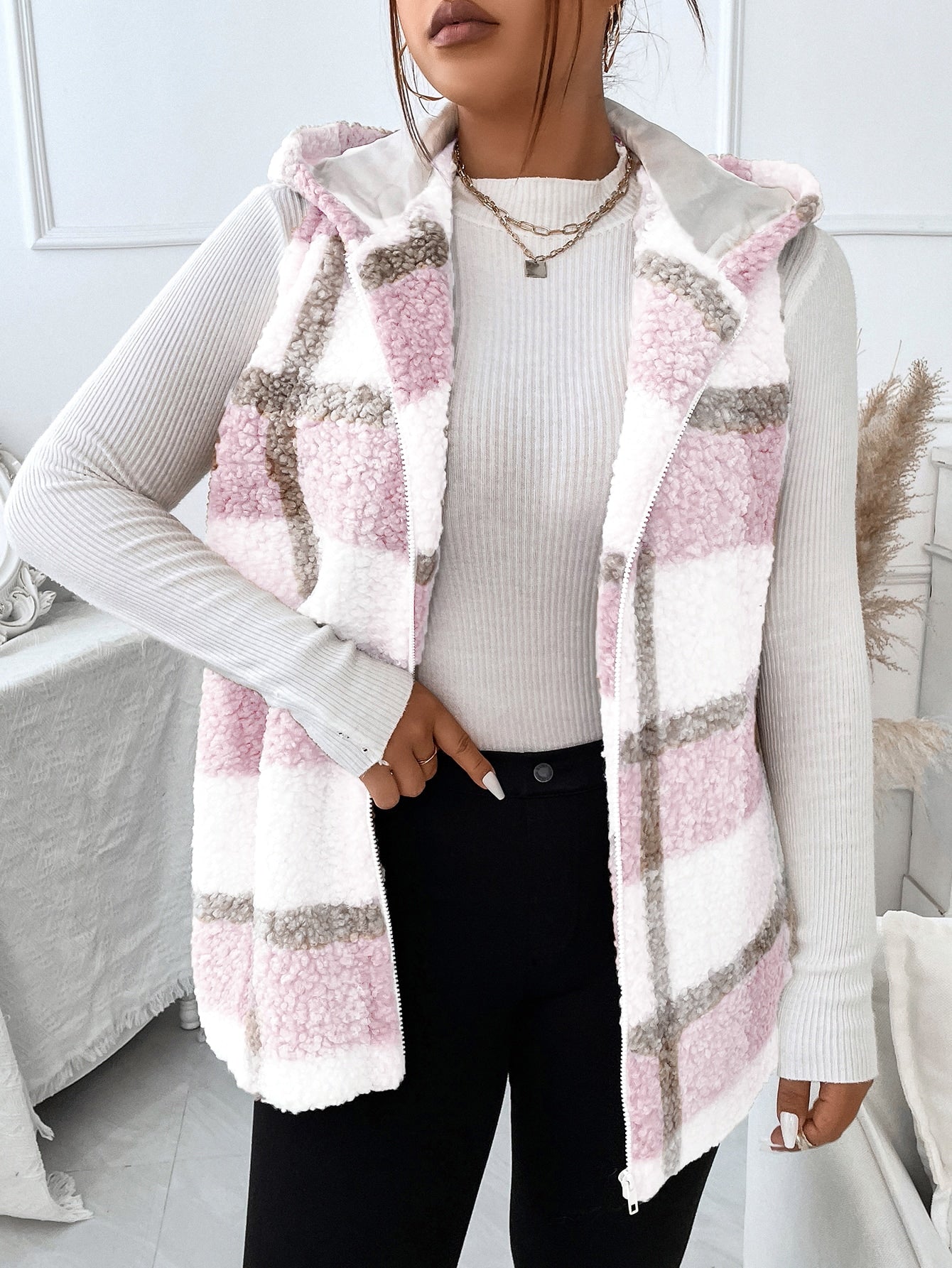 Plus Plaid Pattern Teddy Vest Coat, For Winter Fall Autumn