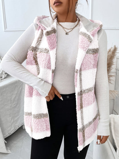 Plus Plaid Pattern Teddy Vest Coat, For Winter Fall Autumn