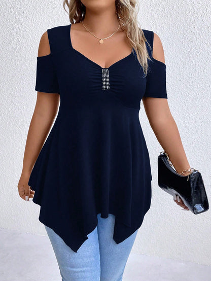 Plus Size Asymmetrical Hem T-Shirt With Cut-Out Shoulder