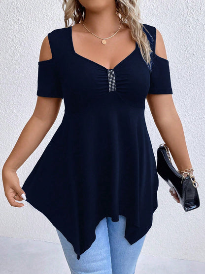 Plus Size Asymmetrical Hem T-Shirt With Cut-Out Shoulder