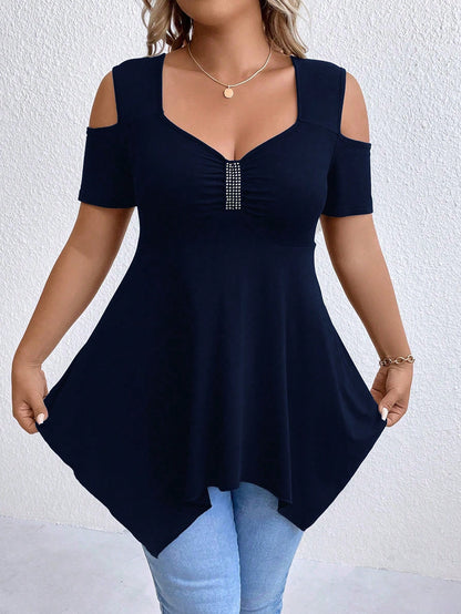 Plus Size Asymmetrical Hem T-Shirt With Cut-Out Shoulder