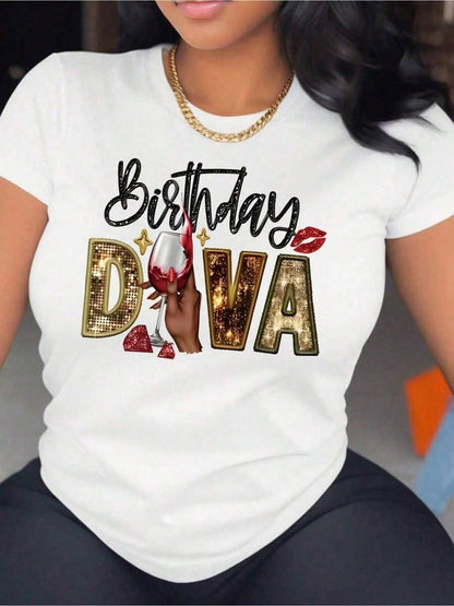 Plus Size-Casual Birthday Celebration Slogan Print T-Shirt Birthday DIVA Graphic Tees Women Tops-1XL-5XL