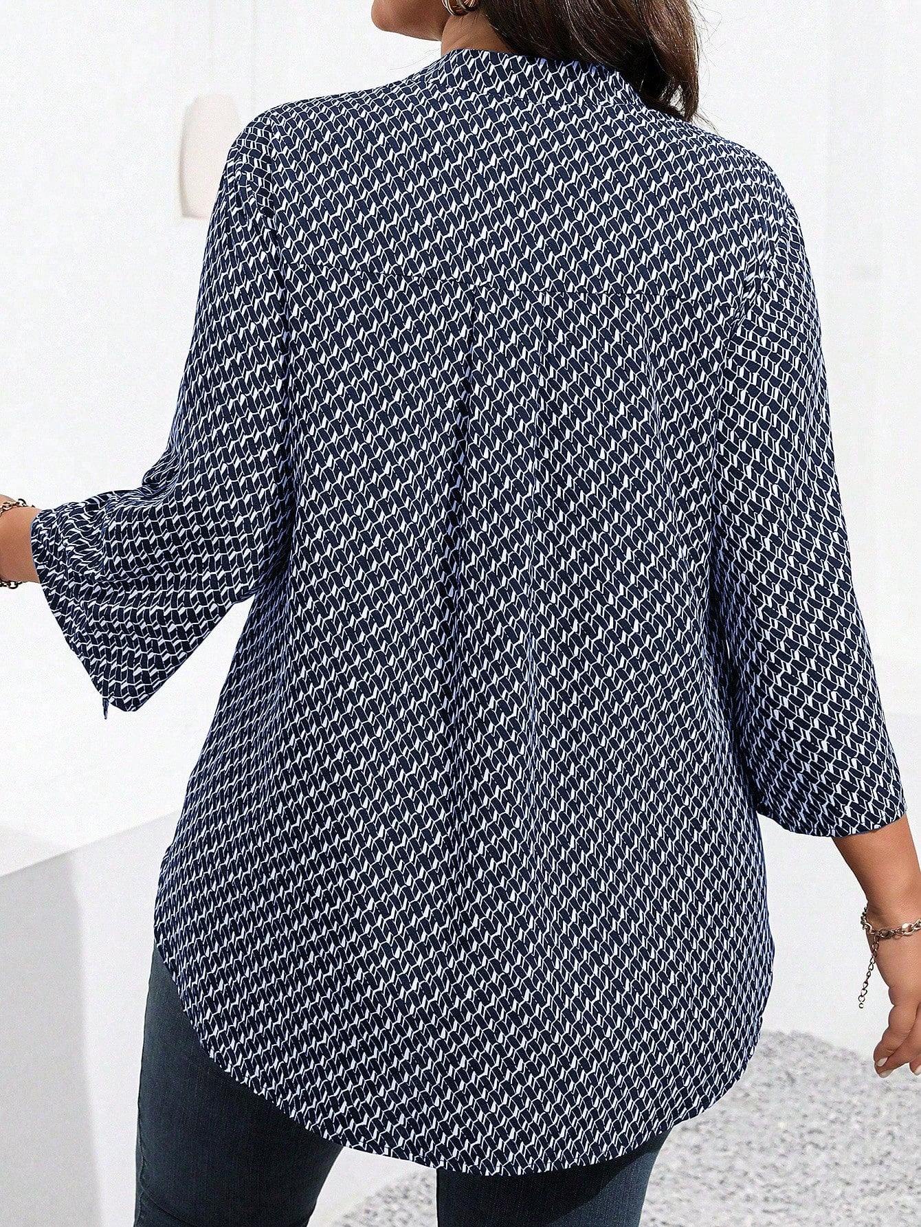 Plus Size Casual Daily All-Over Print Notched Neck Shirt, Autumn Fall