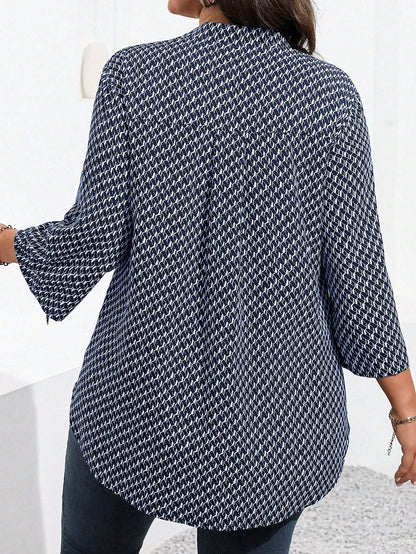 Plus Size Casual Daily All-Over Print Notched Neck Shirt, Autumn Fall