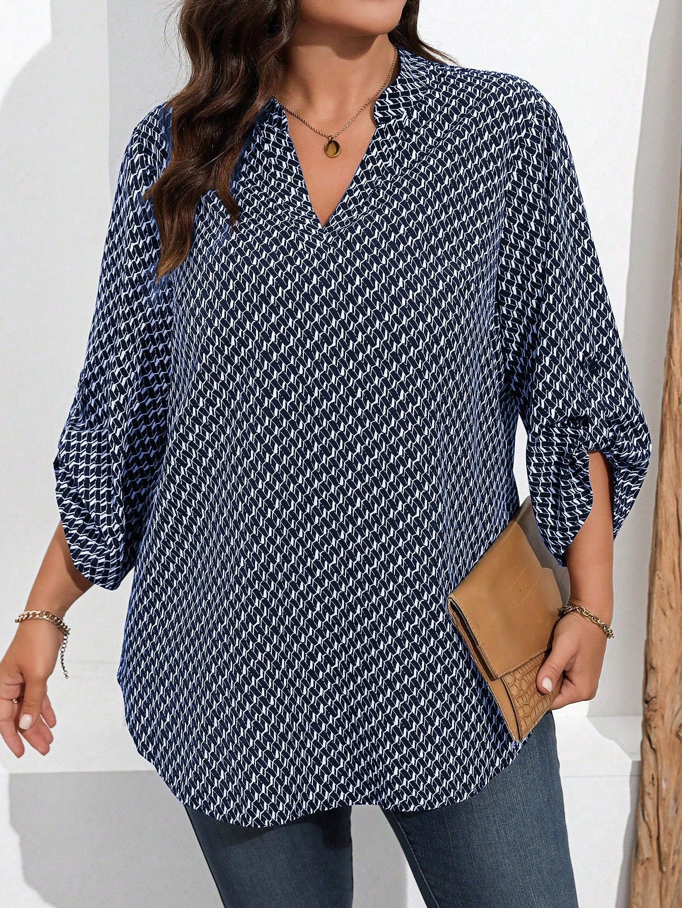 Plus Size Casual Daily All-Over Print Notched Neck Shirt, Autumn Fall