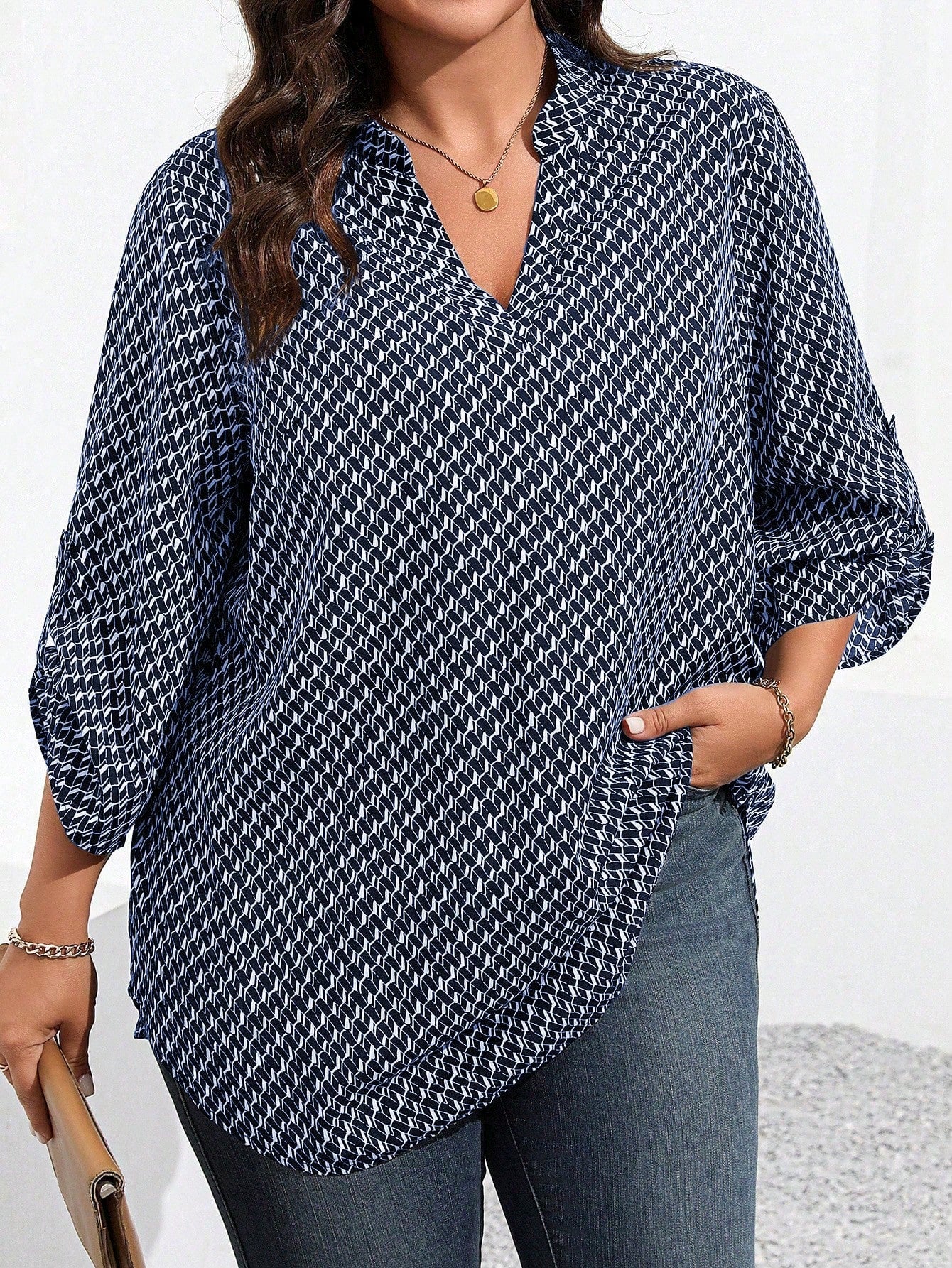 Plus Size Casual Daily All-Over Print Notched Neck Shirt, Autumn Fall