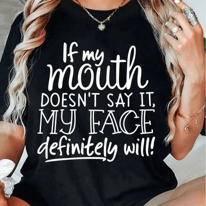 Plus Size Casual Round Neck Long Sleeve Tee With Slogan Print For Women, 'If My Mouth Doesn't Say It, My Face Definitely Will!' Funny Graphic Top