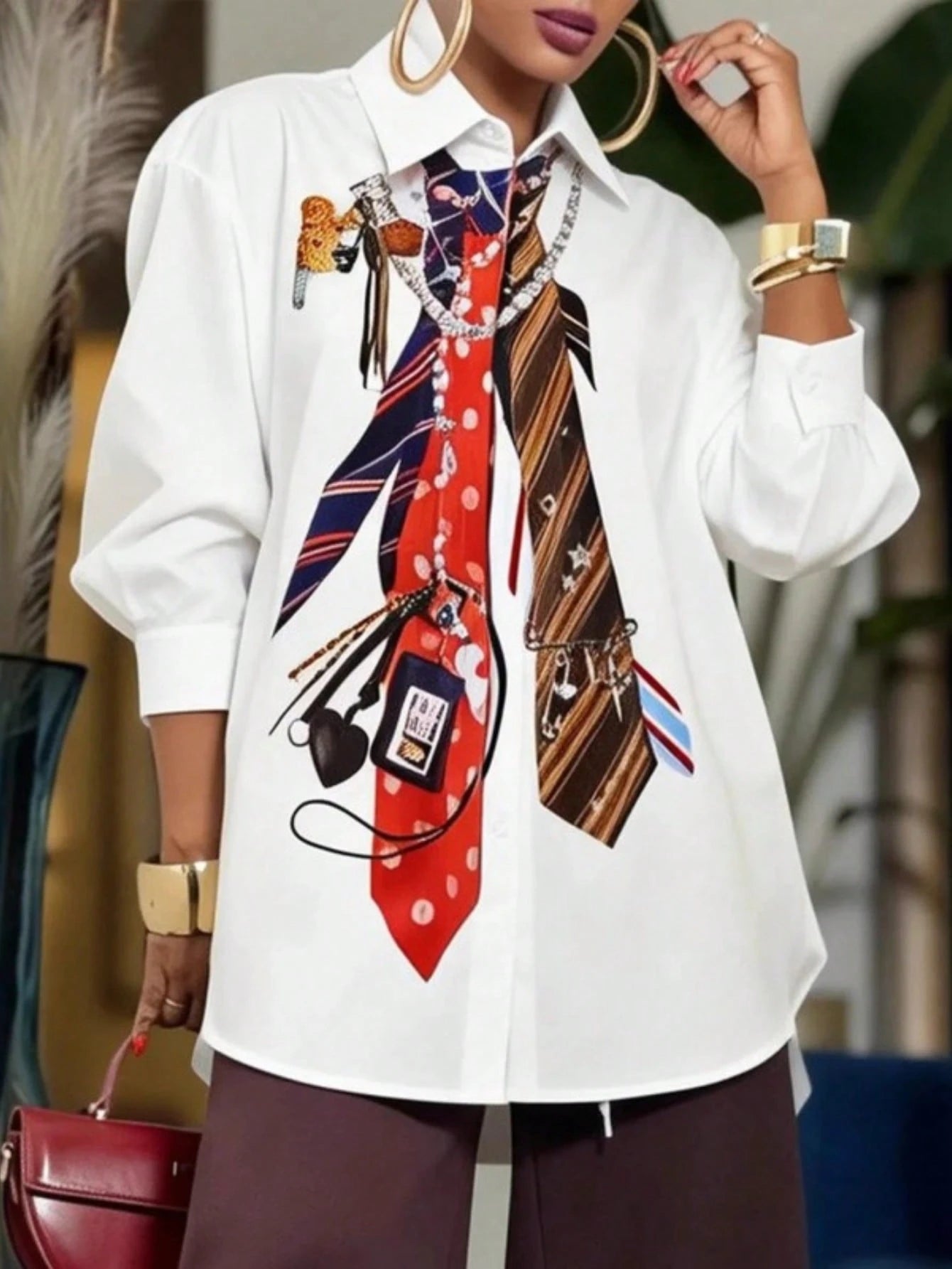 Plus-Size Fashionable New Style Women's Urban Casual Style Tie-Print POLO Neck Shirt Female Summer Top