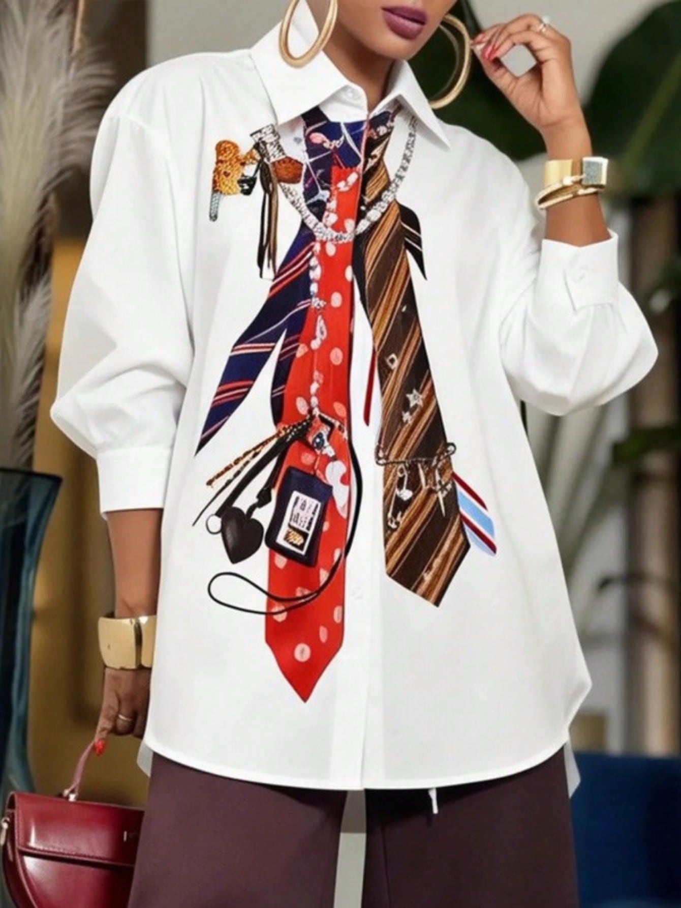 Plus-Size Fashionable New Style Women's Urban Casual Style Tie-Print POLO Neck Shirt Female Summer Top