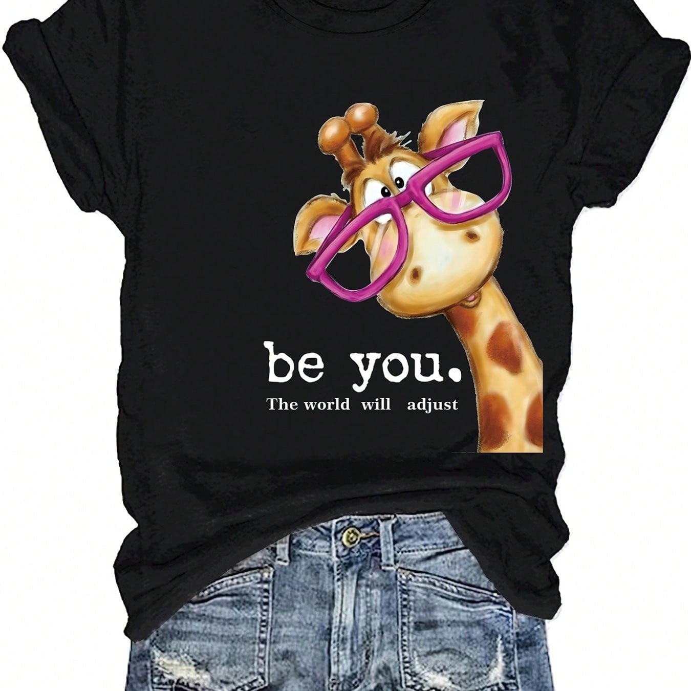 Plus-Size Giraffe Print Short-Sleeve Round-Neck-Shirt, Spring/Summer Casual Top, Women's Clothing UMOM