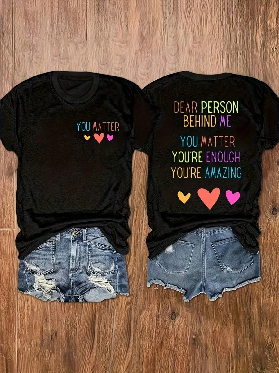 [Plus Size Heart Print Top] Plus Size, Plus Size Oversized Short Sleeve T-Shirt- Cute Love Heart & Letter O Print Round Neck Blouse- Casual Loose Fit T-Shirts For- Wear (Machine Washable)- Plus Si