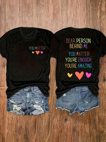 [Plus Size Heart Print Top] Plus Size, Plus Size Oversized Short Sleeve T-Shirt- Cute Love Heart & Letter O Print Round Neck Blouse- Casual Loose Fit T-Shirts For- Wear (Machine Washable)- Plus Si