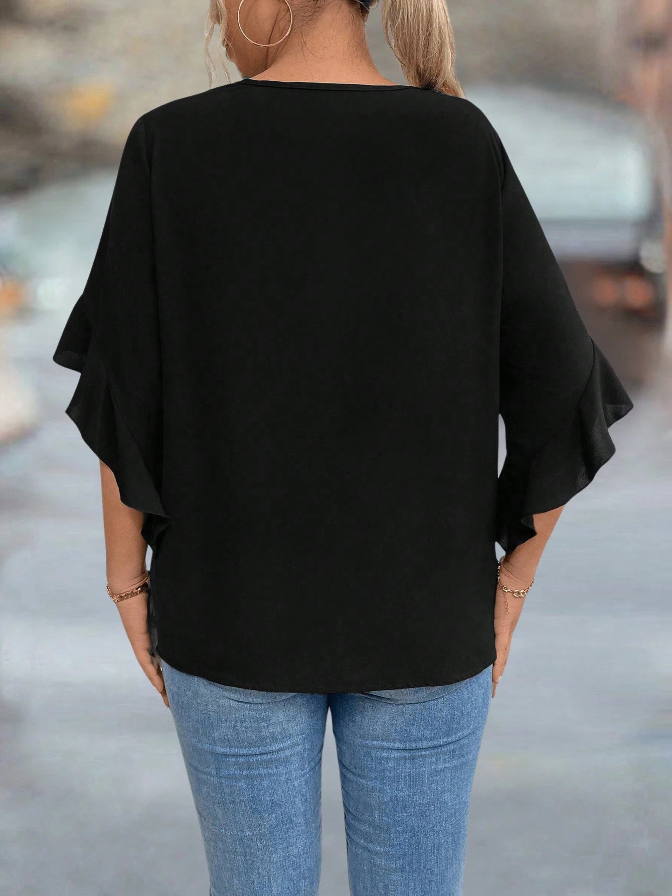 Plus Size Hollow Collar Ruffle Sleeve Solid Shirt