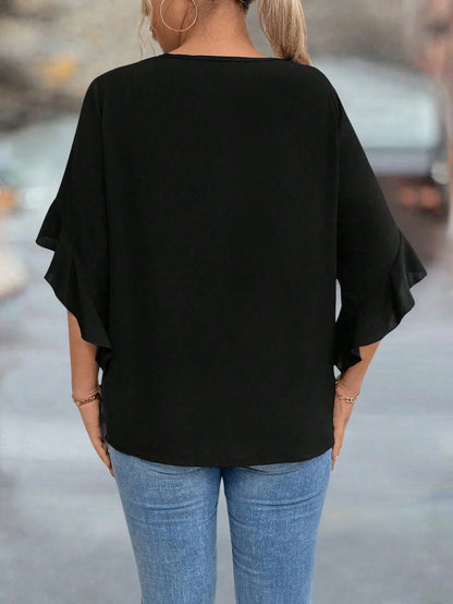 Plus Size Hollow Collar Ruffle Sleeve Solid Shirt
