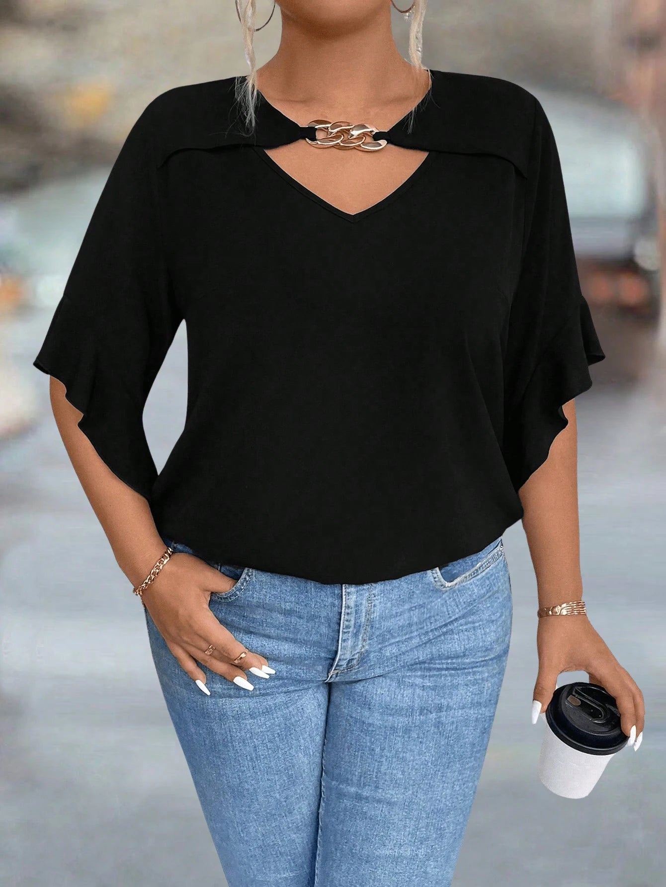 Plus Size Hollow Collar Ruffle Sleeve Solid Shirt