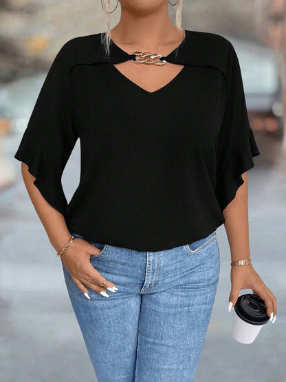 Plus Size Hollow Collar Ruffle Sleeve Solid Shirt