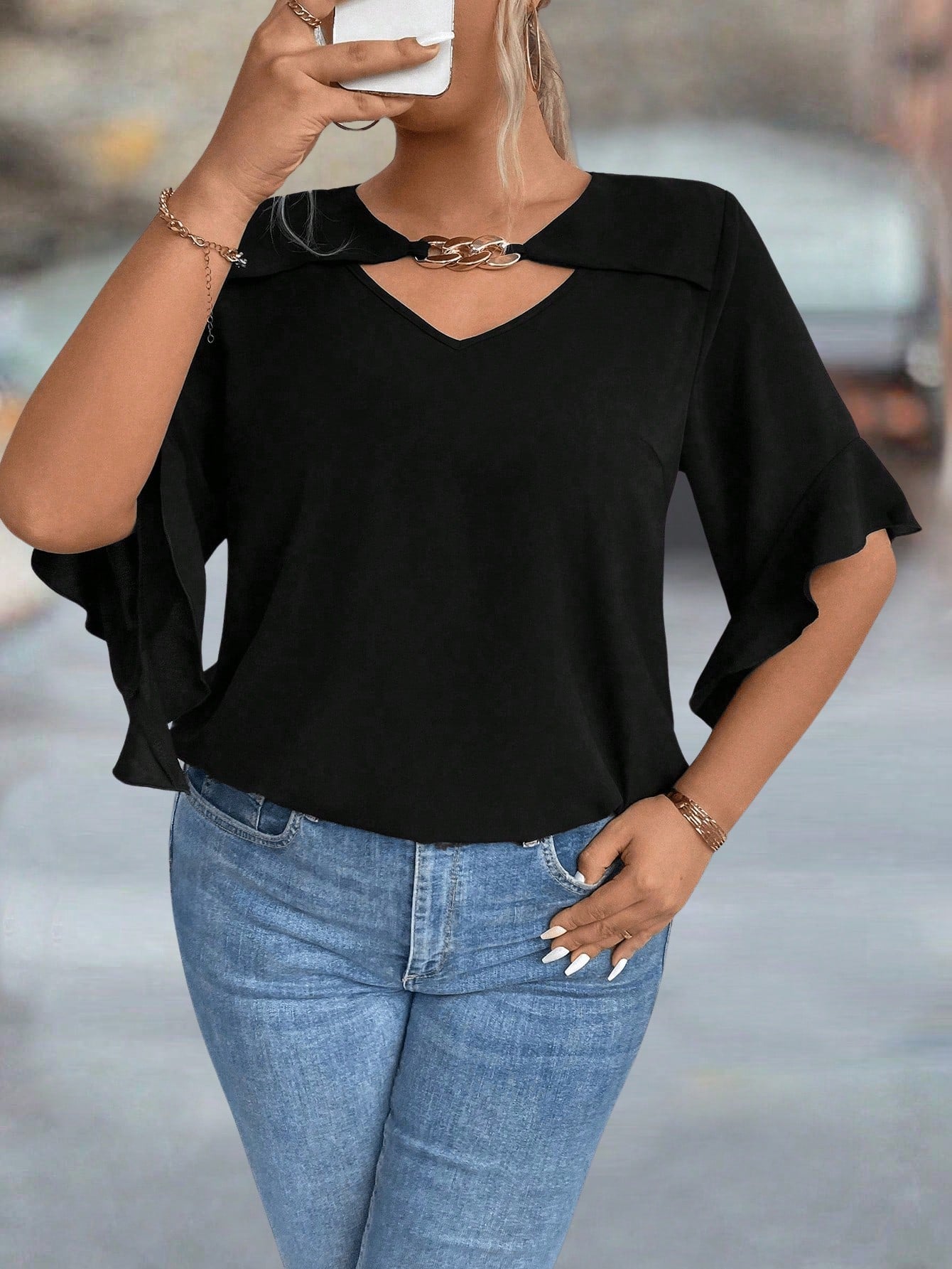 Plus Size Hollow Collar Ruffle Sleeve Solid Shirt
