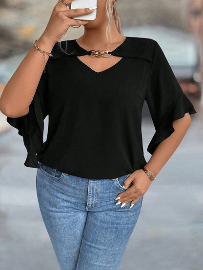 Plus Size Hollow Collar Ruffle Sleeve Solid Shirt