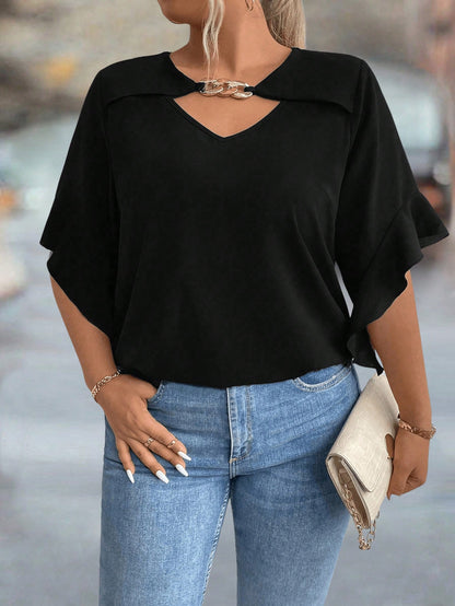 Plus Size Hollow Collar Ruffle Sleeve Solid Shirt