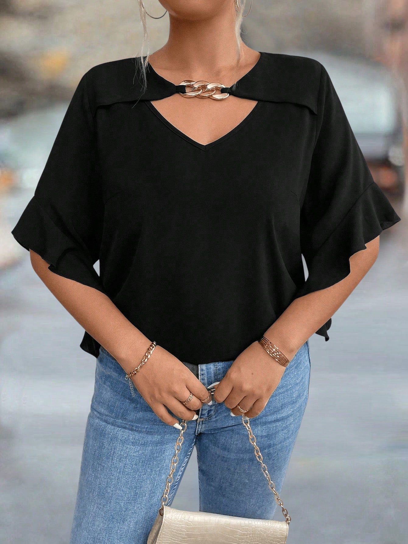 Plus Size Hollow Collar Ruffle Sleeve Solid Shirt
