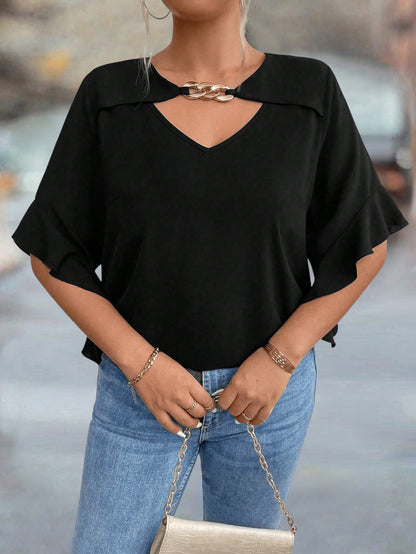 Plus Size Hollow Collar Ruffle Sleeve Solid Shirt