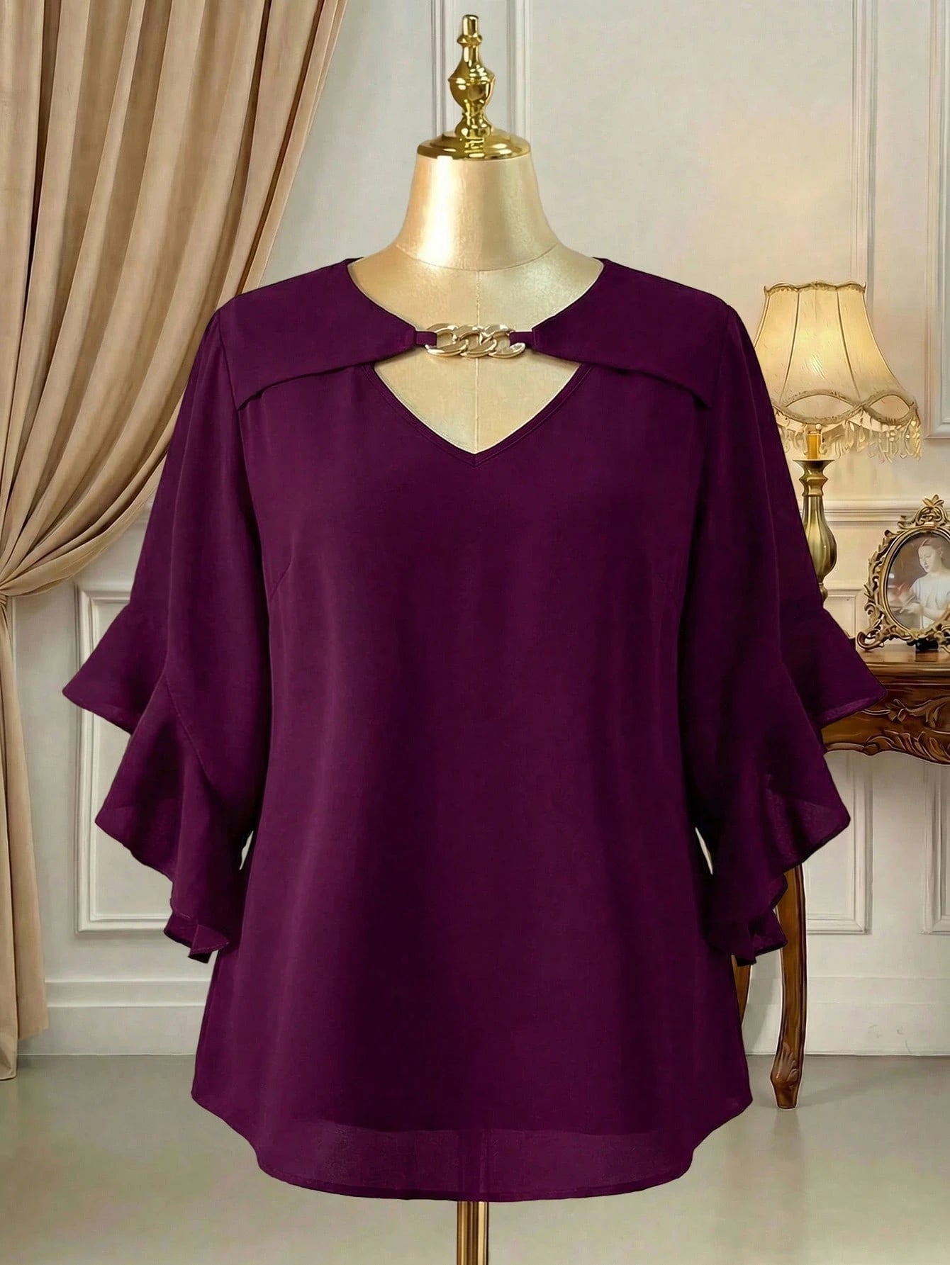 Plus Size Hollow Collar Ruffle Sleeve Solid Shirt