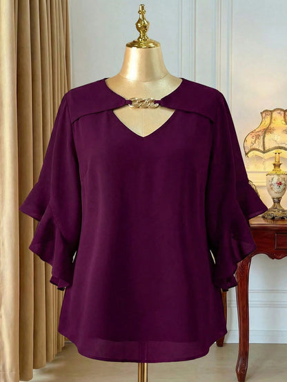 Plus Size Hollow Collar Ruffle Sleeve Solid Shirt