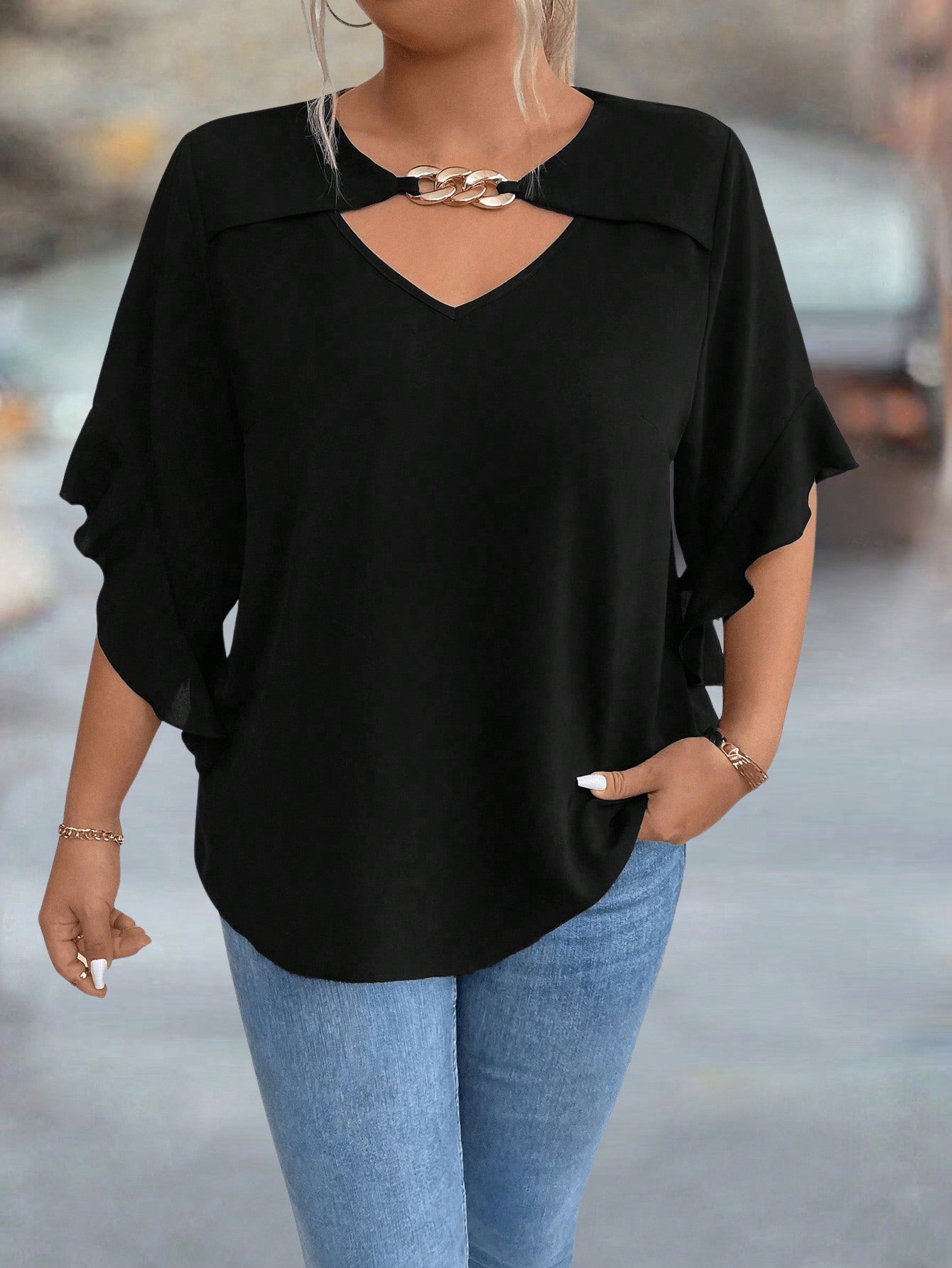 Plus Size Hollow Collar Ruffle Sleeve Solid Shirt