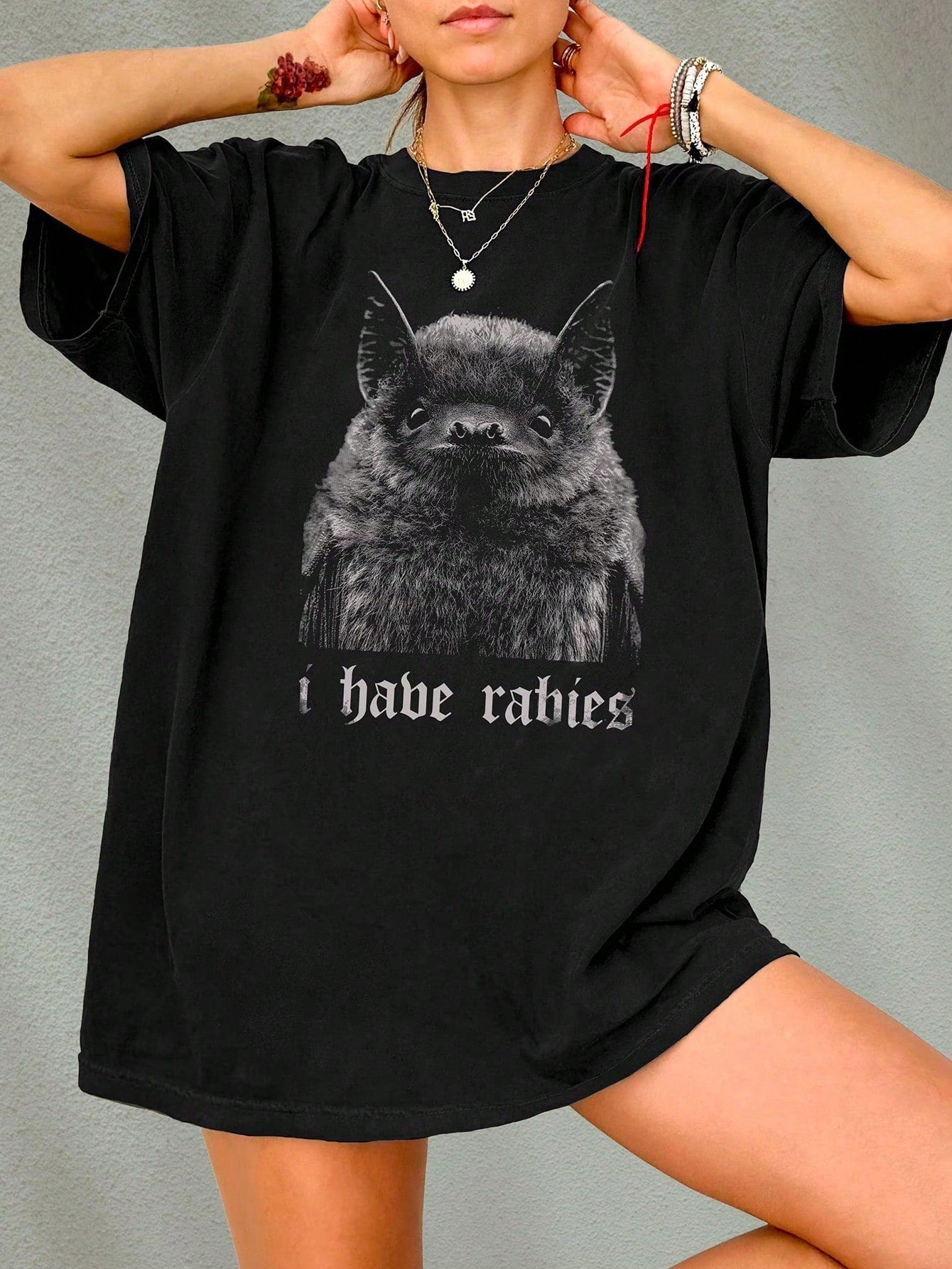 Plus Size "I Have Rabies" Bat Y2K Bizarre Black Humor Retro Graphic T-Shirt, Suitable For Everyday Wear, Gift For Her Casual Summer