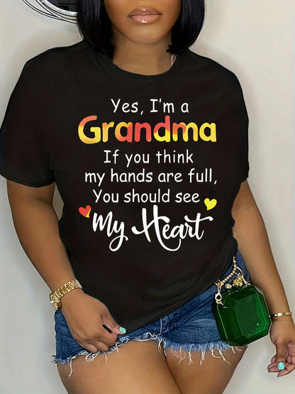 Plus Size Letter Grandma Print T-Shirt, Casual Short Sleeve Top For Spring & Summer, Women's Plus Size Clothing