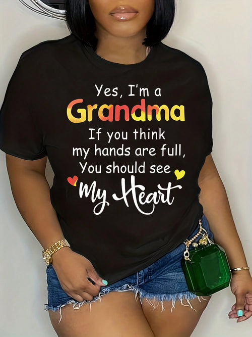 Plus Size Letter Grandma Print T-Shirt, Casual Short Sleeve Top For Spring & Summer, Women's Plus Size Clothing