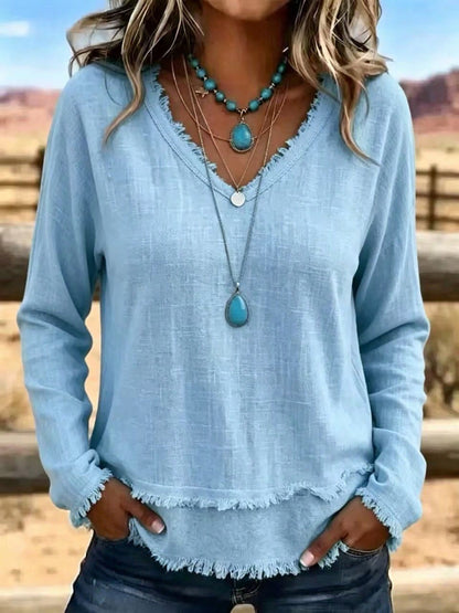 Plus Size Mature Ladies Distressed Fringe Edge V Neck Shirt, Long Sleeve Layered Raw Hem Loose Fit Breathable Western Casual Tunic Blouse