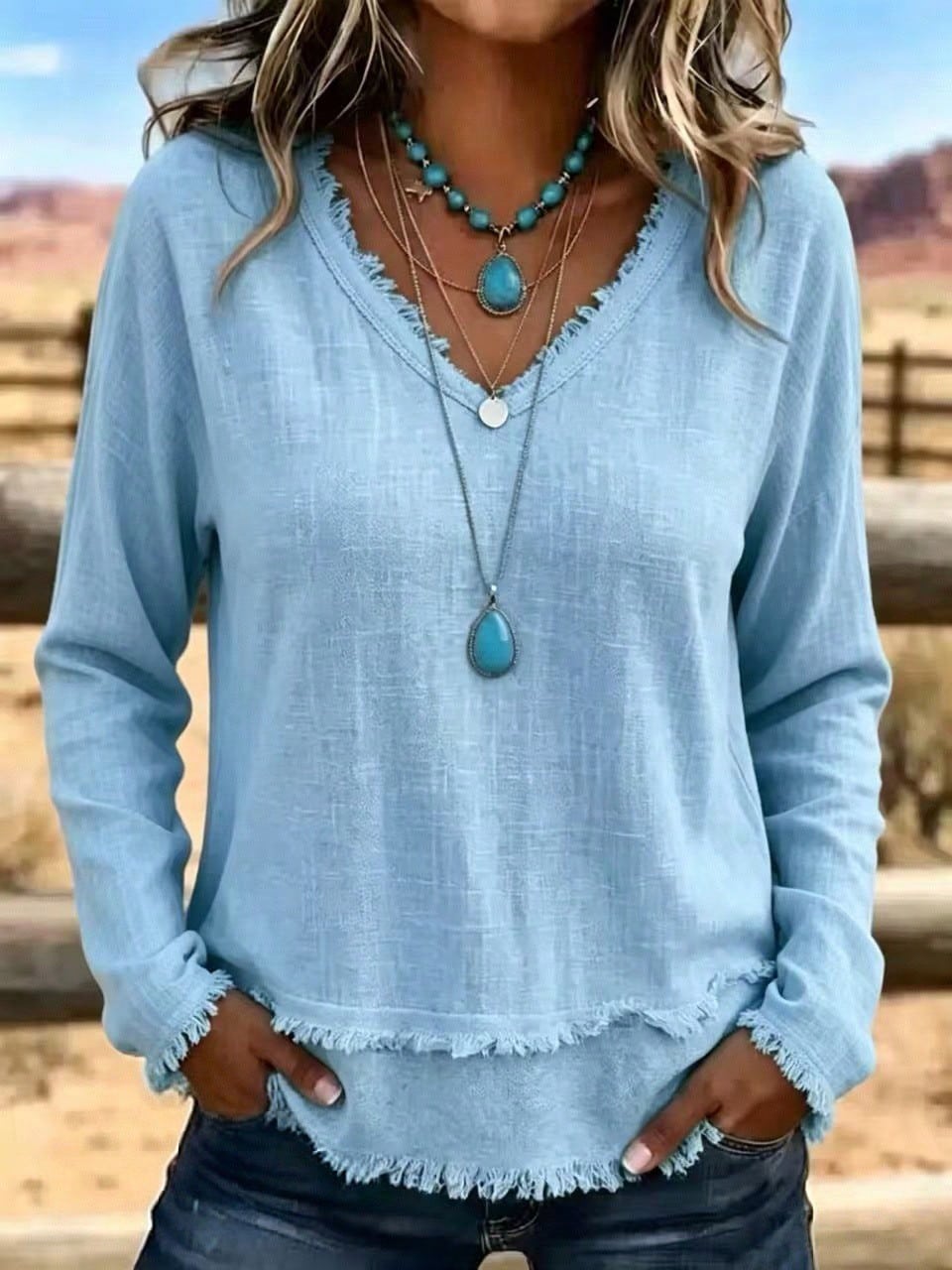Plus Size Mature Ladies Distressed Fringe Edge V Neck Shirt, Long Sleeve Layered Raw Hem Loose Fit Breathable Western Casual Tunic Blouse
