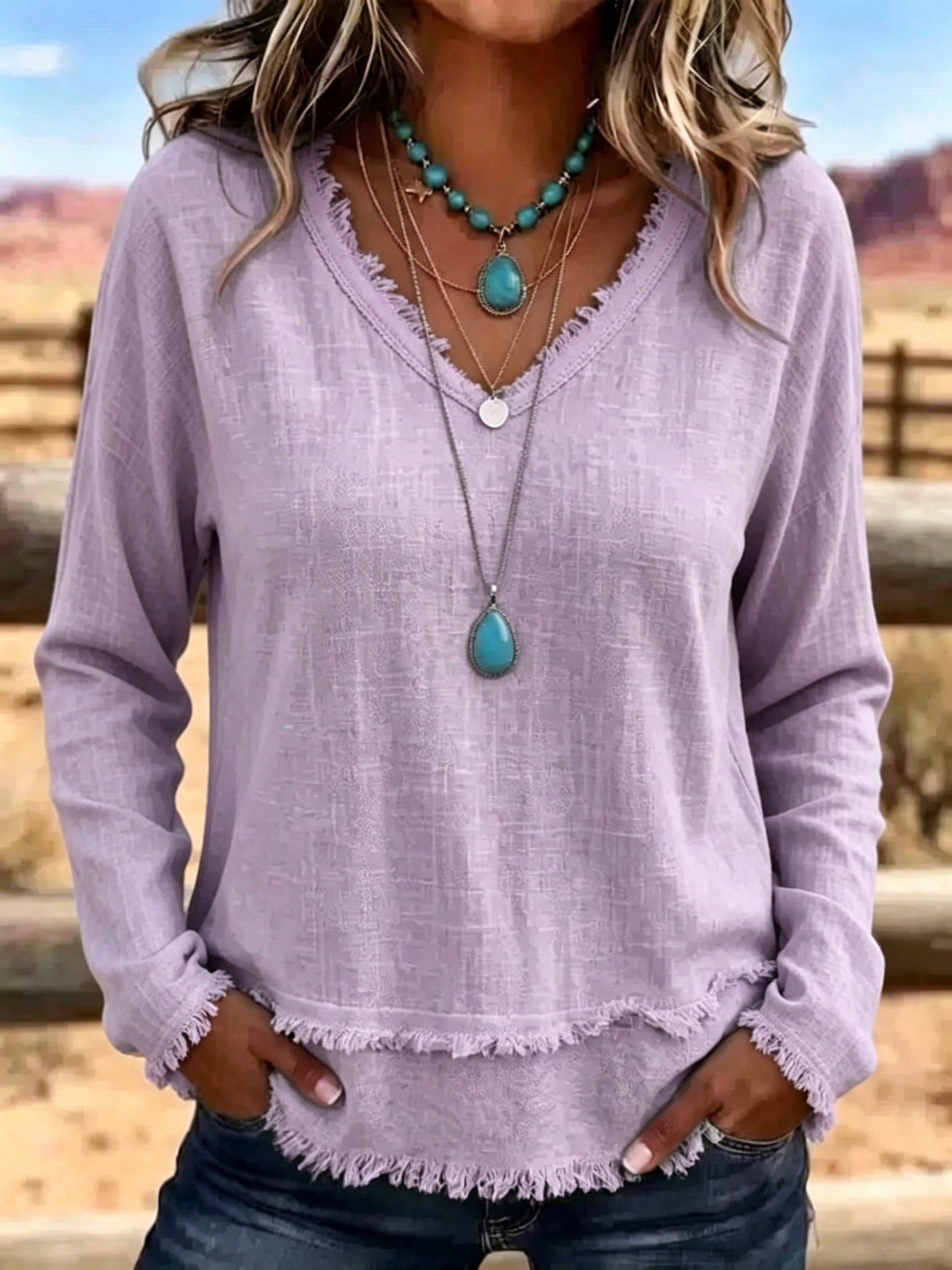 Plus Size Mature Ladies Distressed Fringe Edge V Neck Shirt, Long Sleeve Layered Raw Hem Loose Fit Breathable Western Casual Tunic Blouse
