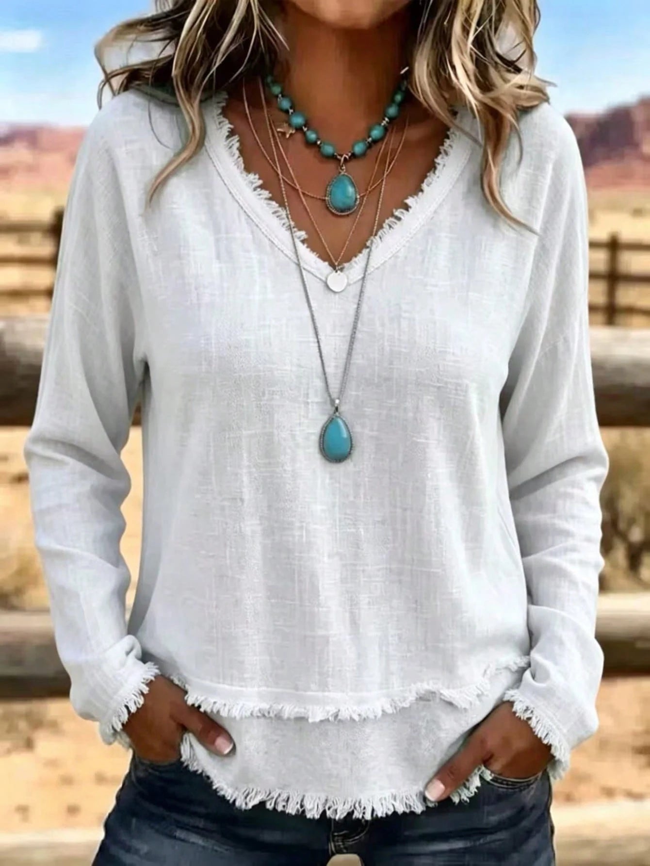 Plus Size Mature Ladies Distressed Fringe Edge V Neck Shirt, Long Sleeve Layered Raw Hem Loose Fit Breathable Western Casual Tunic Blouse