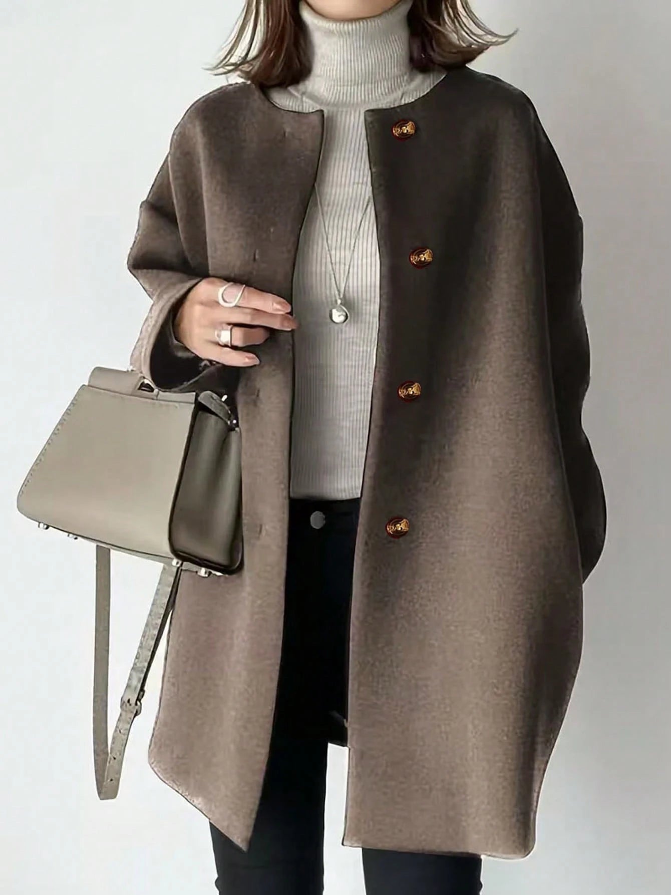 Plus Size Mid-Length Coat, Front Button Closure, Round Neck, Long Sleeve, Solid Color Coat, Autumn/Winter Spring