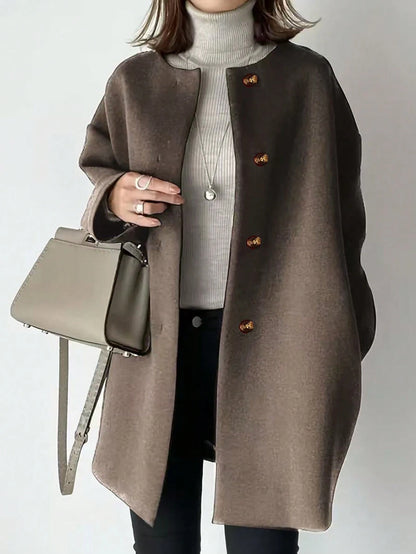 Plus Size Mid-Length Coat, Front Button Closure, Round Neck, Long Sleeve, Solid Color Coat, Autumn/Winter Spring