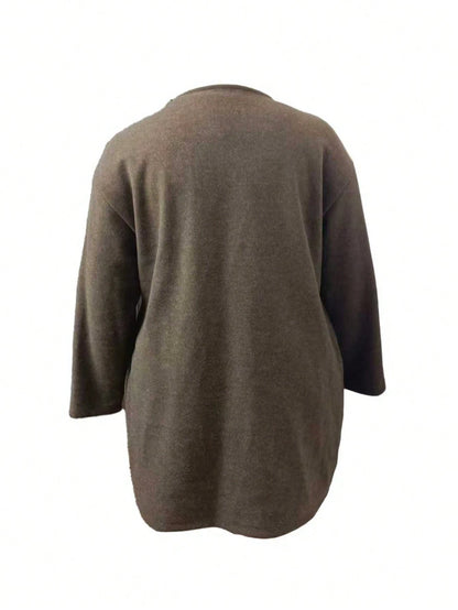 Plus Size Mid-Length Coat, Front Button Closure, Round Neck, Long Sleeve, Solid Color Coat, Autumn/Winter Spring