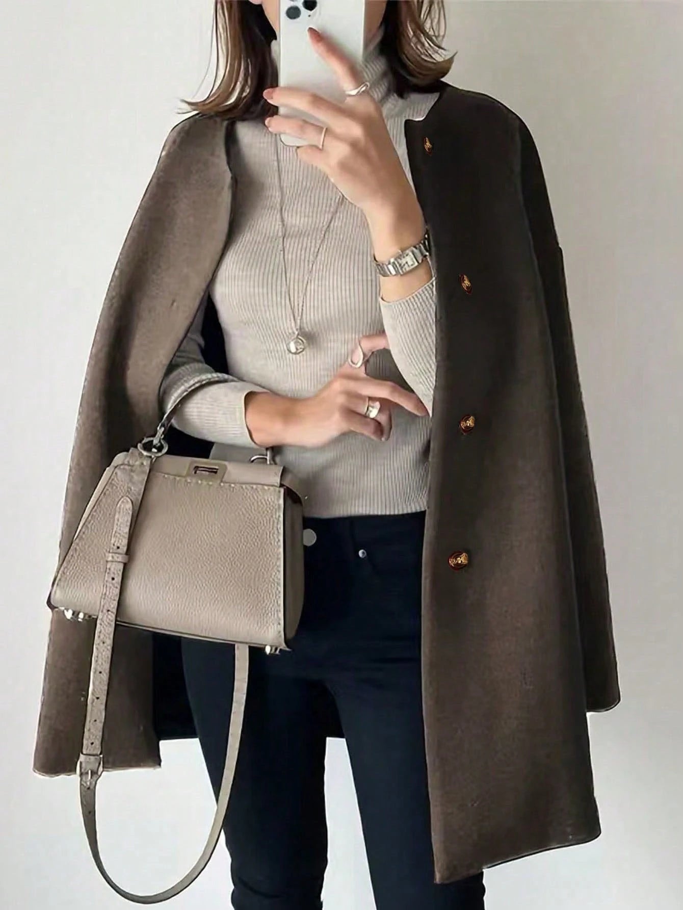Plus Size Mid-Length Coat, Front Button Closure, Round Neck, Long Sleeve, Solid Color Coat, Autumn/Winter Spring
