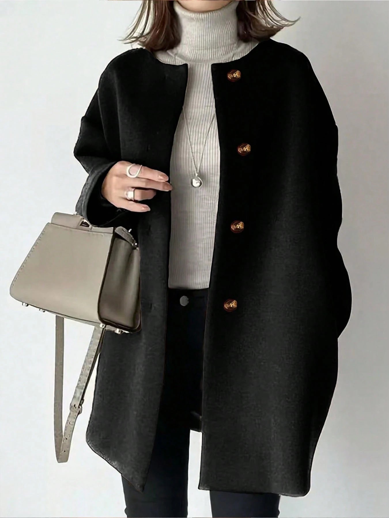 Plus Size Mid-Length Coat, Front Button Closure, Round Neck, Long Sleeve, Solid Color Coat, Autumn/Winter Spring