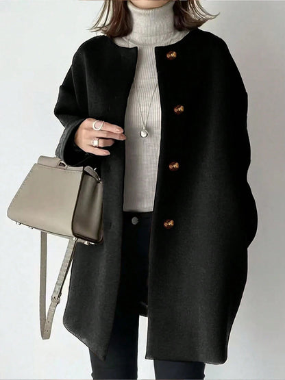Plus Size Mid-Length Coat, Front Button Closure, Round Neck, Long Sleeve, Solid Color Coat, Autumn/Winter Spring