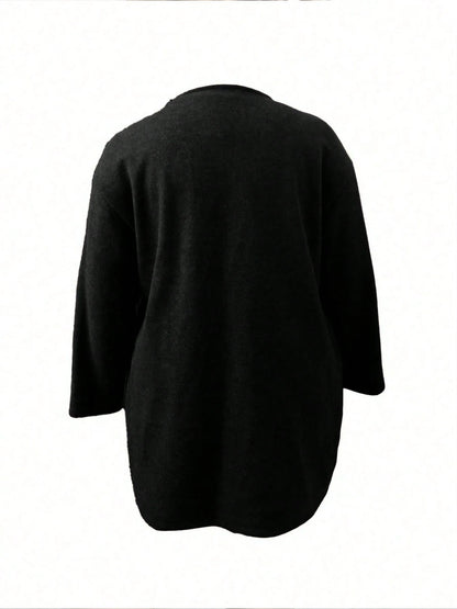 Plus Size Mid-Length Coat, Front Button Closure, Round Neck, Long Sleeve, Solid Color Coat, Autumn/Winter Spring