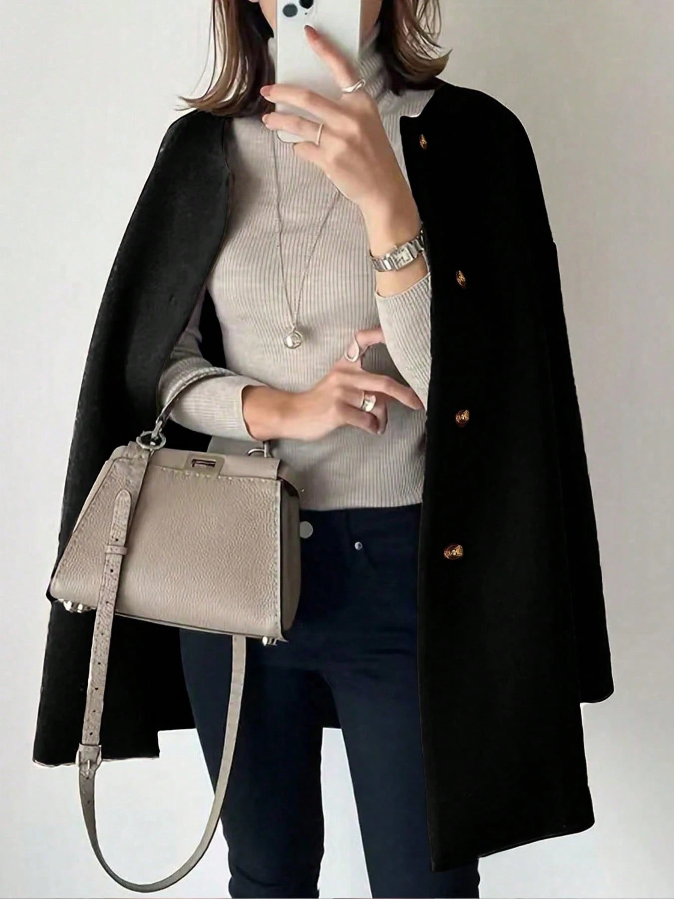 Plus Size Mid-Length Coat, Front Button Closure, Round Neck, Long Sleeve, Solid Color Coat, Autumn/Winter Spring