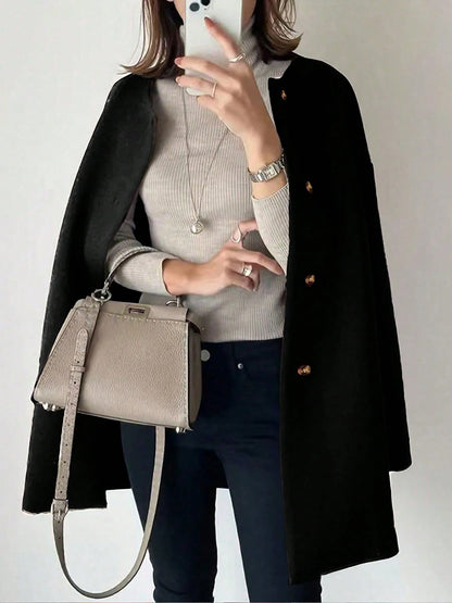 Plus Size Mid-Length Coat, Front Button Closure, Round Neck, Long Sleeve, Solid Color Coat, Autumn/Winter Spring