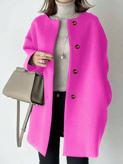 Plus Size Mid-Length Coat, Front Button Closure, Round Neck, Long Sleeve, Solid Color Coat, Autumn/Winter Spring
